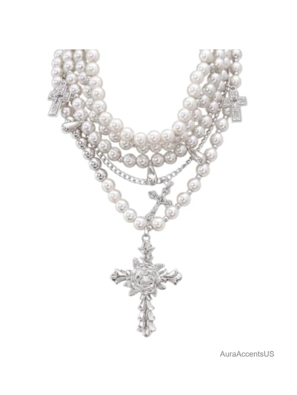 Layered Faux Pearl Gothic Cross Necklace Set Silver Tone Chunky Statement